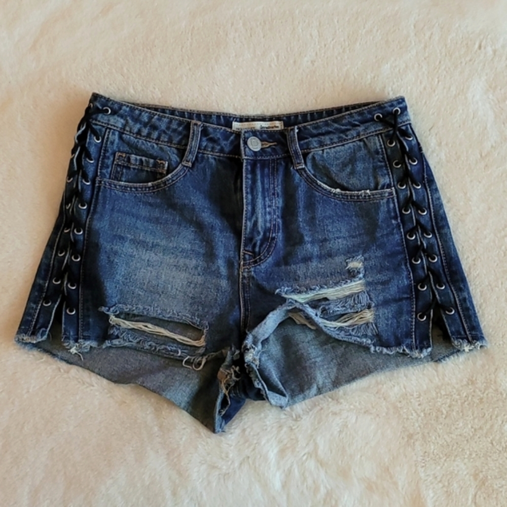 Stradivarious High Waist Distressed Blue Jean Denim Punk Lace Up Shorts